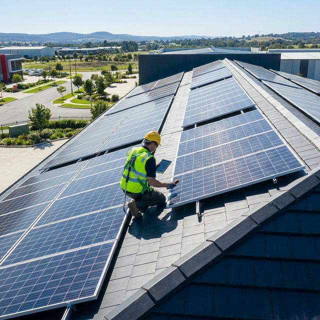 Technician inspecting solar panels on a modern roof
