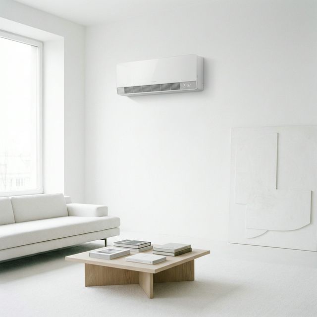 Modern minimalist heat pump installation in white interior